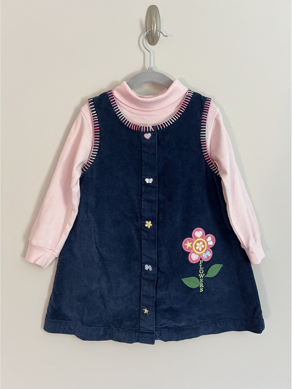 Vintage Samara Floral Applique Navy/Pink Corduroy Dress Long Sleeve Bodysuit Set